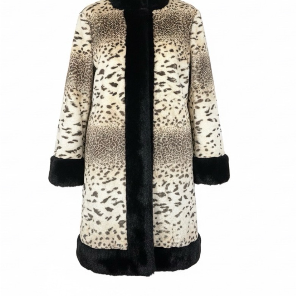 Country Pacer Cream Leopard-Print Faux Fur Pea Coat with Black Trim